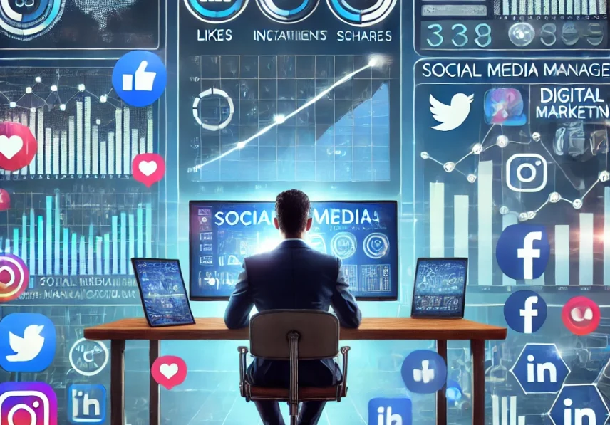 DALL·E 2025-02-21 15.02.27 - A modern and dynamic digital illustration of a social media manager at work. The image features a person sitting at a desk with multiple screens displ